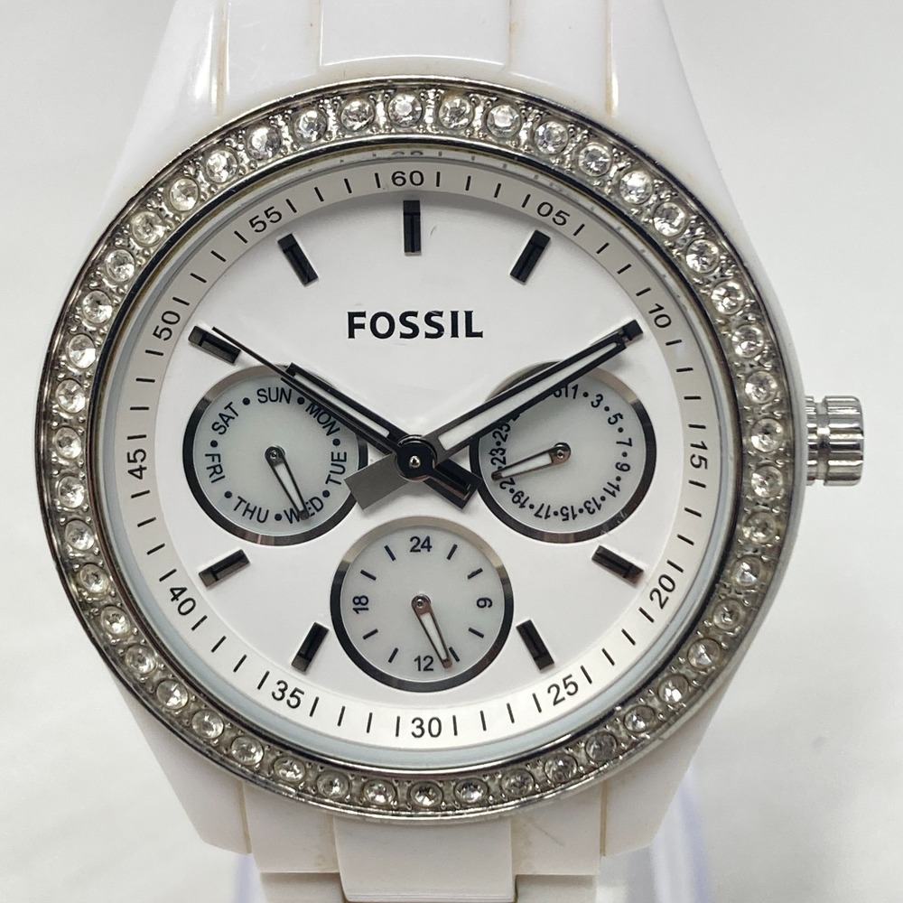 Fossil Stella Watch Women 38mm White Crystal Bezel Day Date WR New Battery 6.75"
